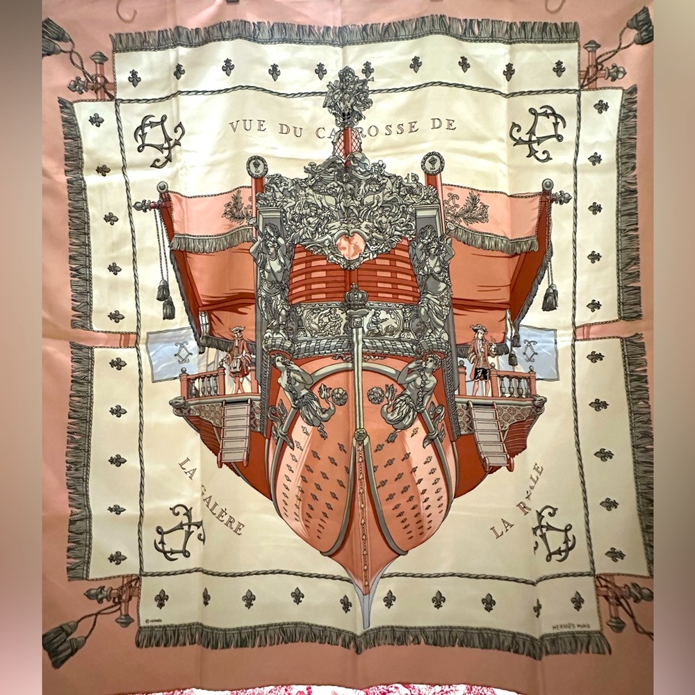 Hermes Scarf "Vue Du Carosse” in Light Pink/Light Blue/Ivory/Grey